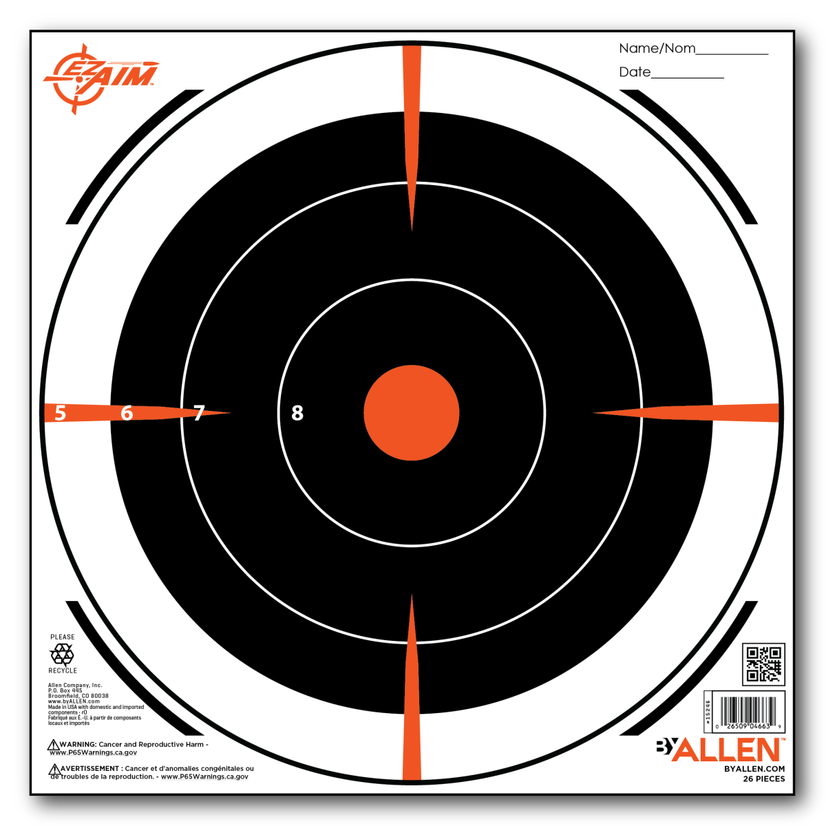 EZ Aim® Paper 8-inch Bullseye Target, 26-Pack, Black/Orange/White