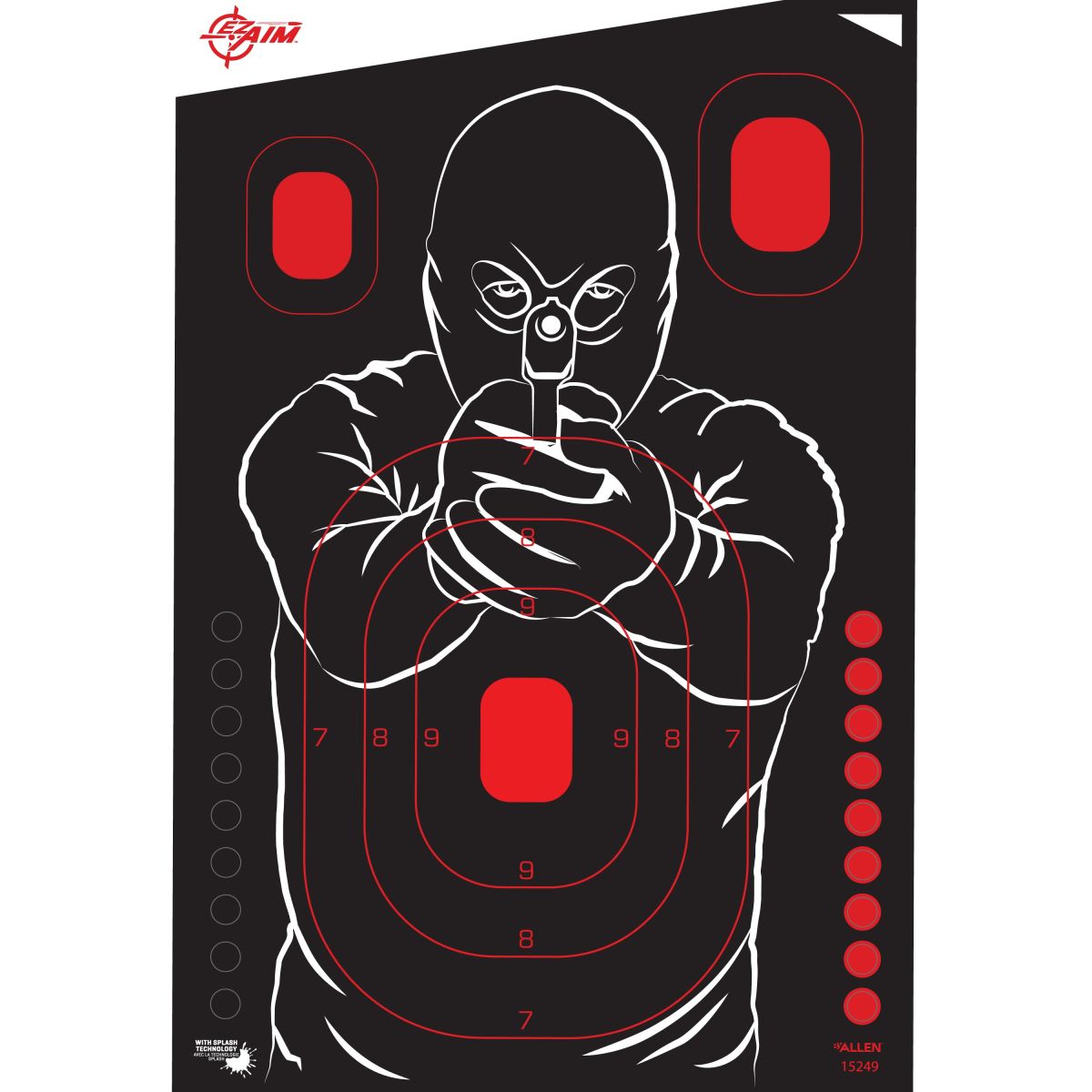 EZ Aim Splash® Reactive Paper Shooting Targets Bad Guy Silhouette, Instant Yellow Impact Feedback, 12"x18" Pistol Rifle Training, 5-Pack Black/Red