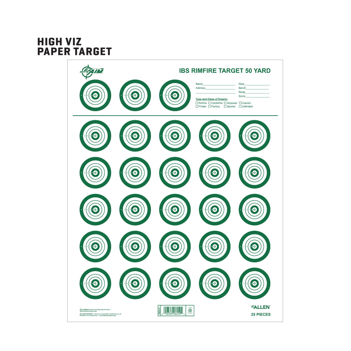 EZ Aim® IBS Rimfire Paper Shooting Targets, 25-Targets Per Sheet, 14"W x 17"H, 25-Pack, Green/White