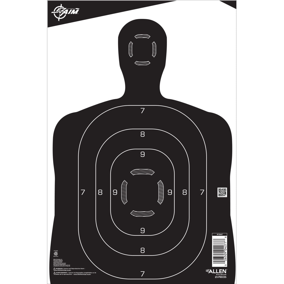 EZ Aim® Paper Shooting Targets Silhouette, Center Mass Aiming Point, Self Defense Training, 12"x18" Pistol Rifle Practice, 25-Pack Black/White