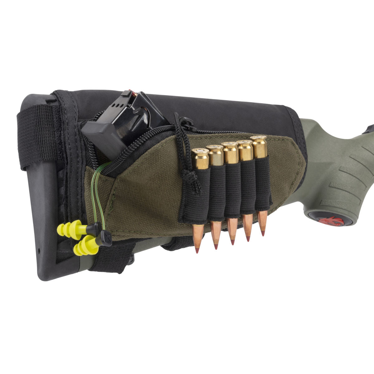 Allen Deluxe Buttstock Shell Holder - 5 Cartridge Rifle Carrier with Accessory Pouch, Adjustable Hook & Loop, Plush Cheek Rest