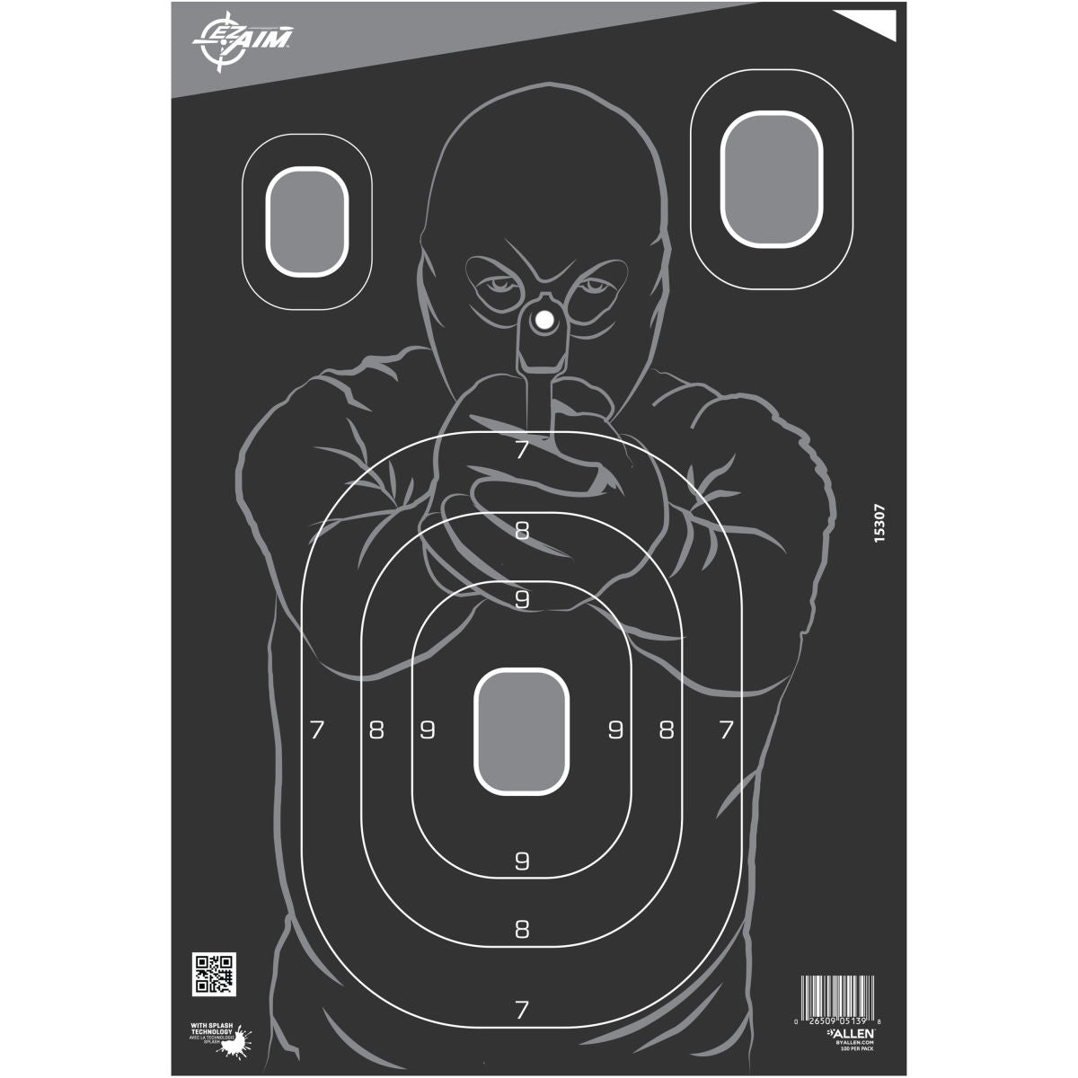 EZ Aim Splash® Reactive Paper Shooting Targets, Silhouette, 12.5"W x 18.25"H, 100-Pack, Black/Gray