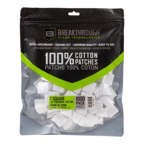 Breakthrough Clean Technologies Cotton Patches, 1" Square, .22 Thru 243 Caliber, 1,000-Pack w/ Plastic Tray