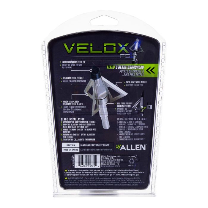 Velox™ Stainless-Steel Ballistic 3-Blade Archery Broadheads